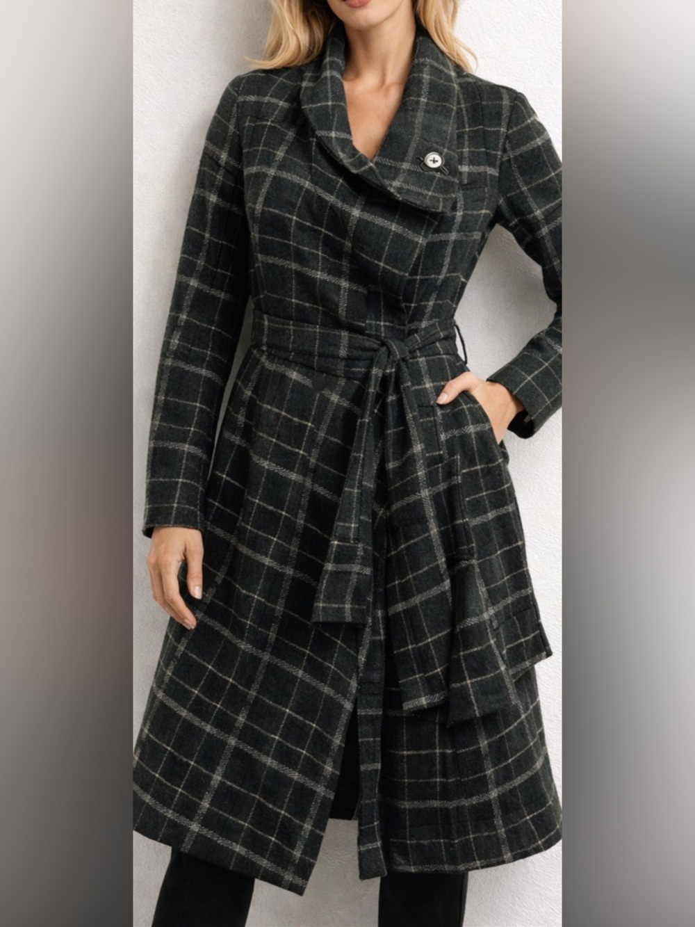 Custo Barcelona Plaid Wrap Coat S Belted Asymmetrical Drape Collar Jacket